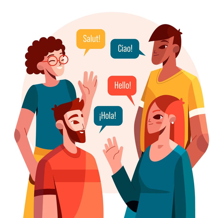Pessoas conversando em vários idiomas